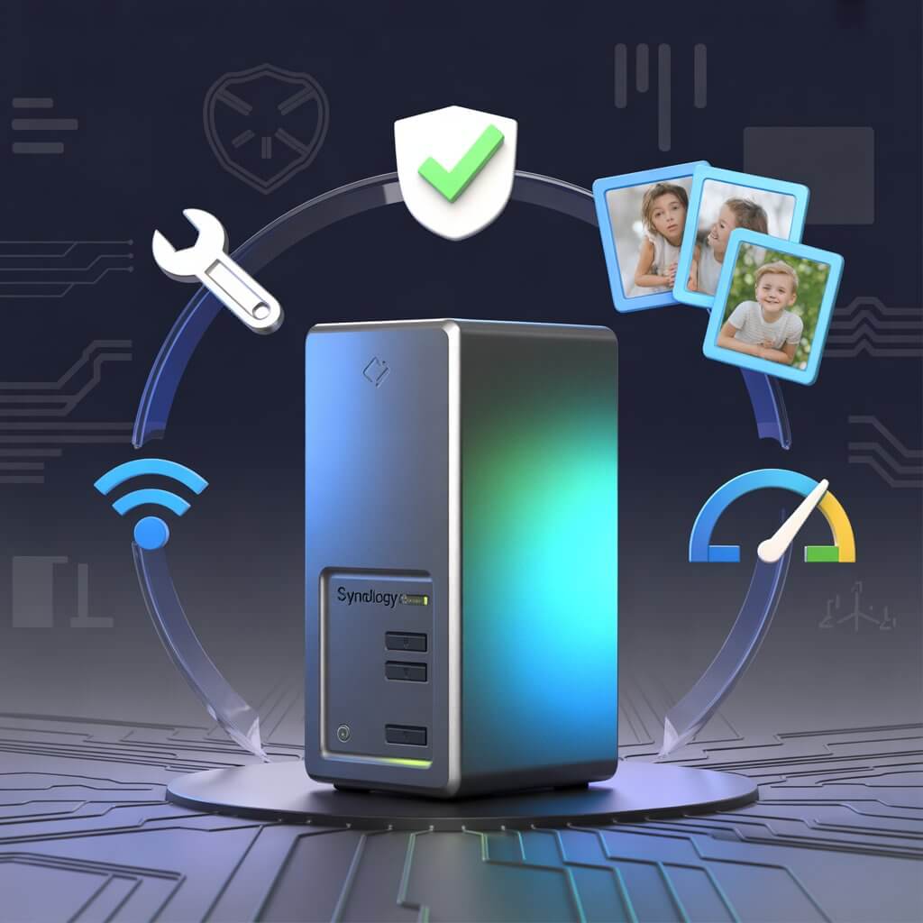 NAS troubleshooting workflow showing diagnostic tools security photos performance in circular layout