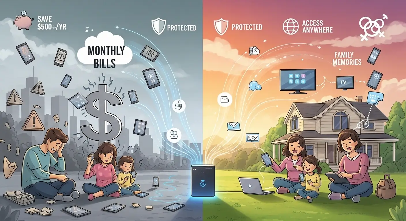 DIY Family NAS setup 2026 benefits illustration – savings, protection, family memories, remote access