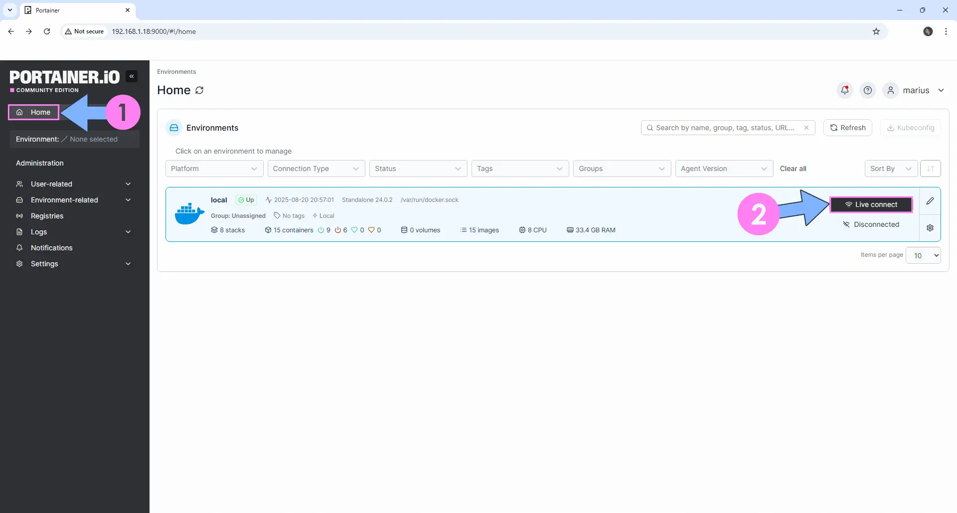 Portainer Add Stack NAS 1 - Live connect