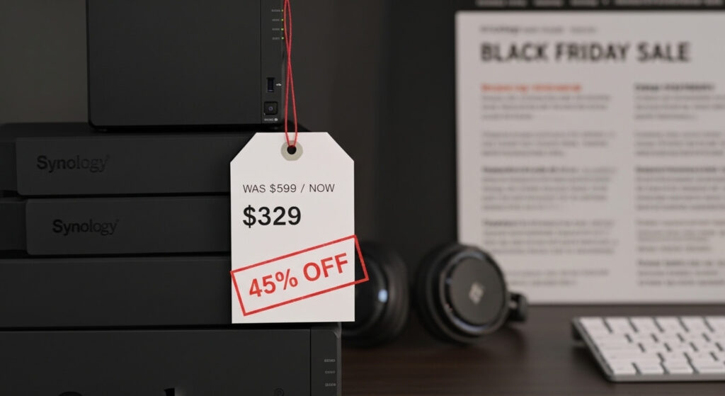 3D render of a gold number 45 floating above a Synology NAS with a Black Friday 2026 best prices banner in dark background.