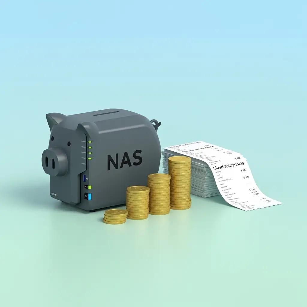 3D render of a piggy bank labeled NAS next to stacked coins showing savings over cloud subscriptions.