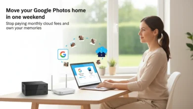 Parent migrating Google Photos to a home NAS on a laptop during a relaxed weekend afternoon