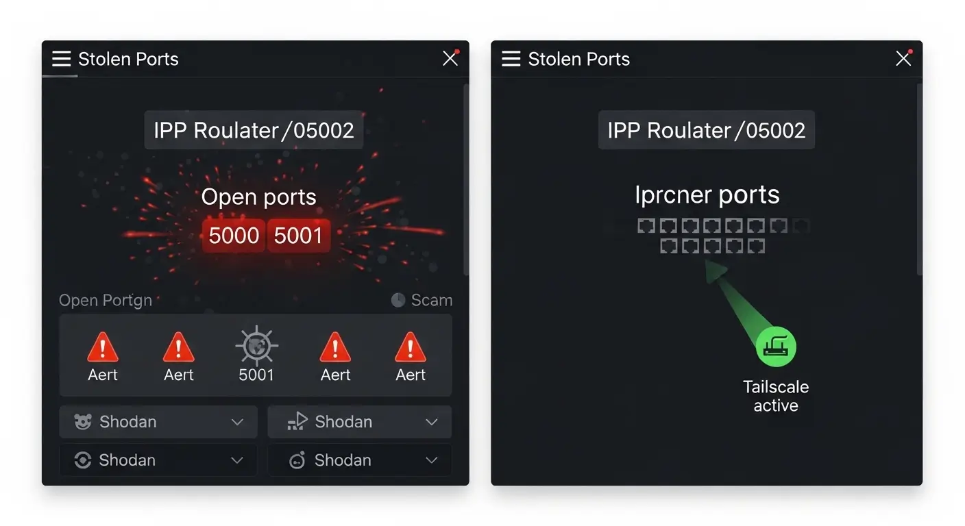 Comparison of NAS attack surface with port forwarding (visible, open ports) versus without port forwarding using Tailscale (invisible)