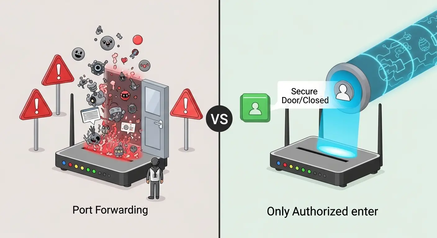 Comparison of port forwarding security risks versus secure tunnel methods like Tailscale for NAS remote access without opening ports