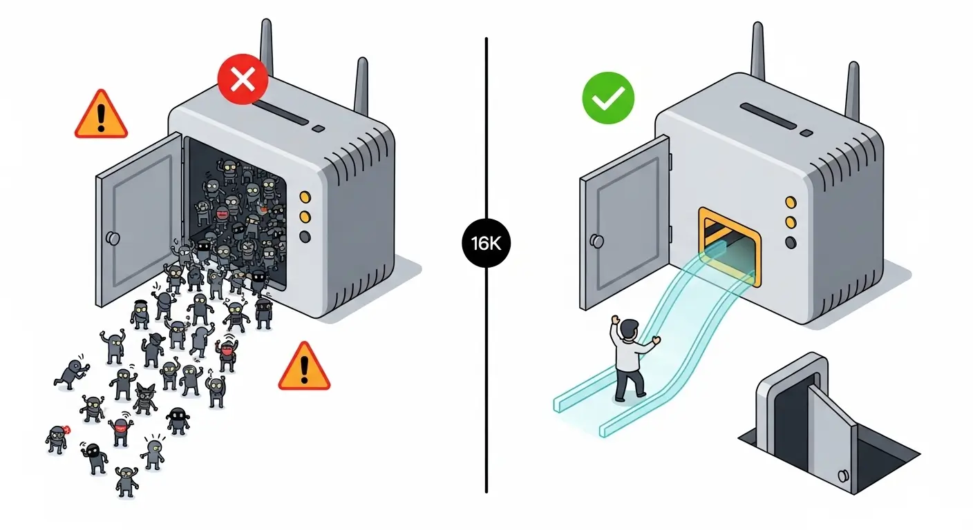 Illustration showing the difference between a router with port forwarding open to attackers and a secure tunnel method — only authorized user