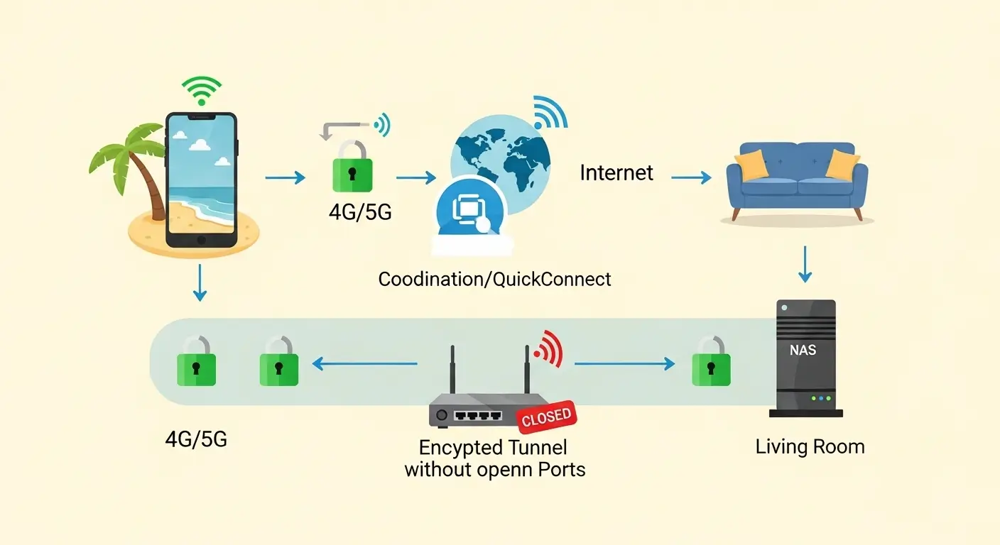 Diagram showing the secure encrypted connection path for NAS remote access without port forwarding using Tailscale or VPN tunnel