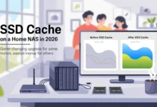 Illustration of a home NAS with NVMe SSD cache showing before and after performance upgrade in 2026