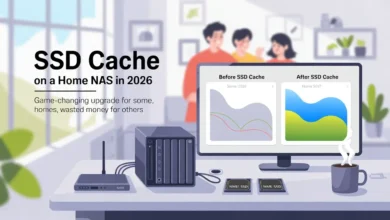 Illustration of a home NAS with NVMe SSD cache showing before and after performance upgrade in 2026