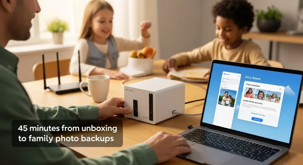 Parent setting up a Synology style NAS with a simple DSM setup wizard while children play in the background