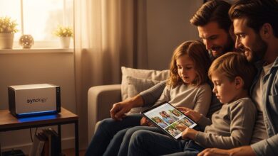 Family looking at photos on tablet with Synology NAS nearby