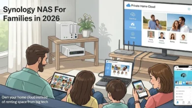 Family using a Synology style NAS as a private home cloud instead of paying for multiple online storage subscriptions
