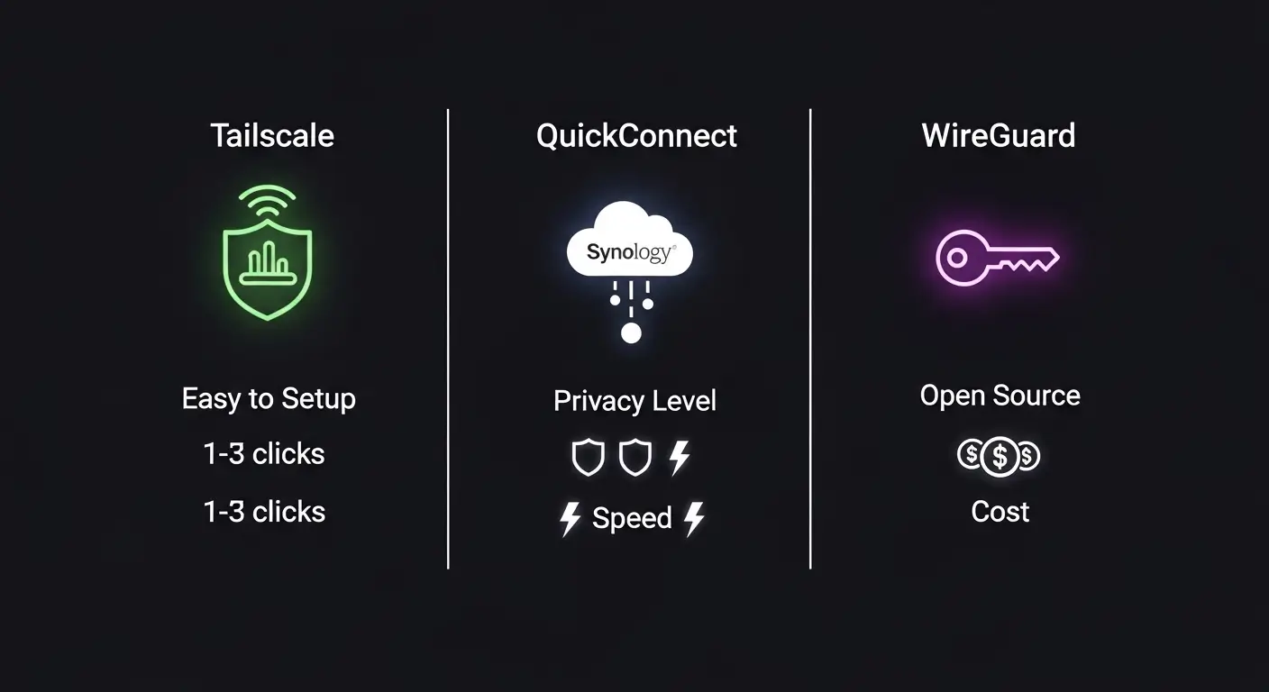 Comparison of Tailscale, QuickConnect, and WireGuard for secure NAS remote access without port forwarding