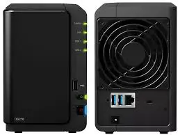 Synology DS216 2026 Review — Full Hardware Overview Synology DS216 review 2026 — front and back view showing USB ports, drive bays, and Gigabit Ethernet