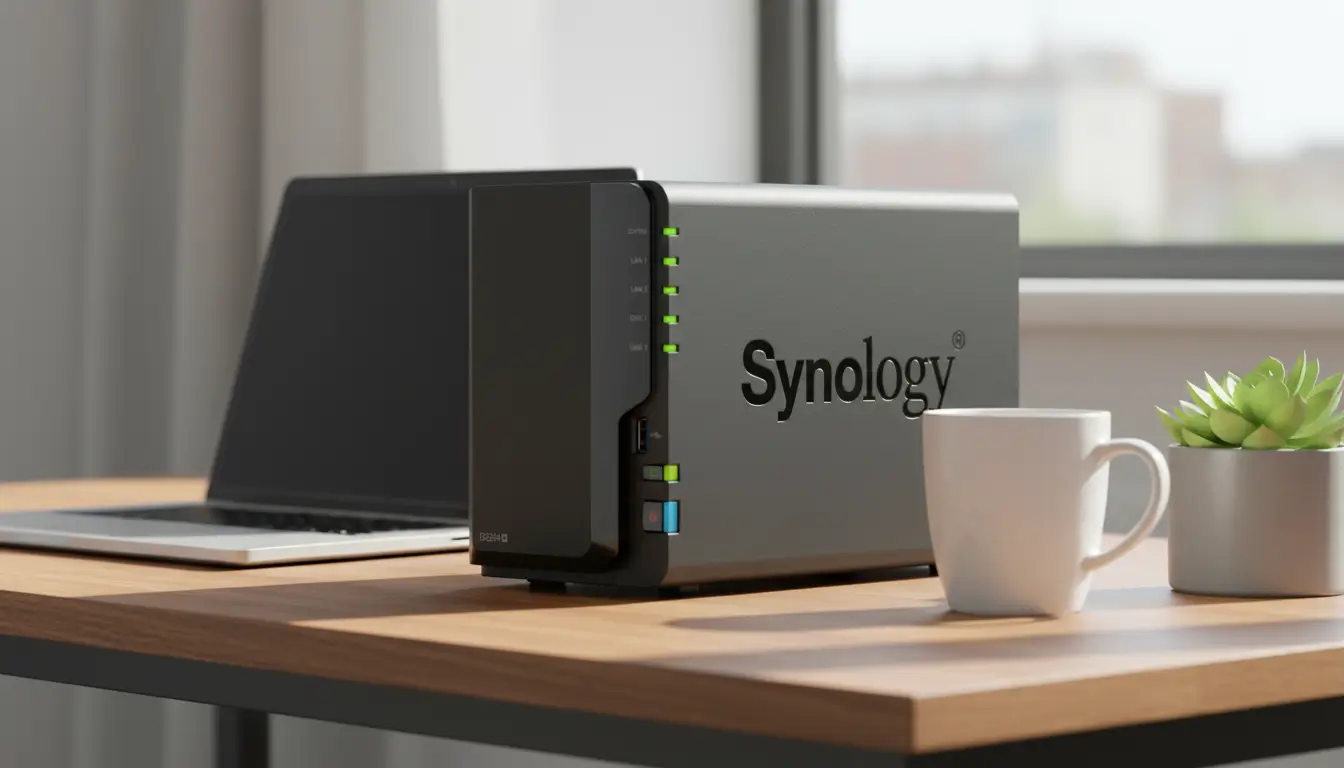 Synology DS224+ review 2026 — front view of the 2-bay NAS on a home office desk