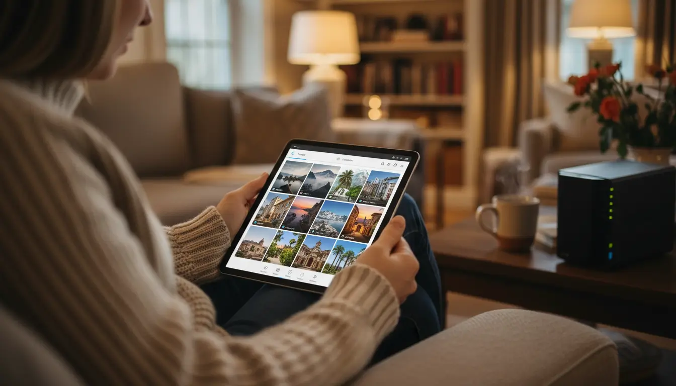 Synology DS224+ review — DSM 7.2 Synology Photos interface showing family photo library on desktop