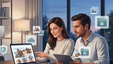 Family using encrypted cloud storage and a home NAS to protect photos and documents