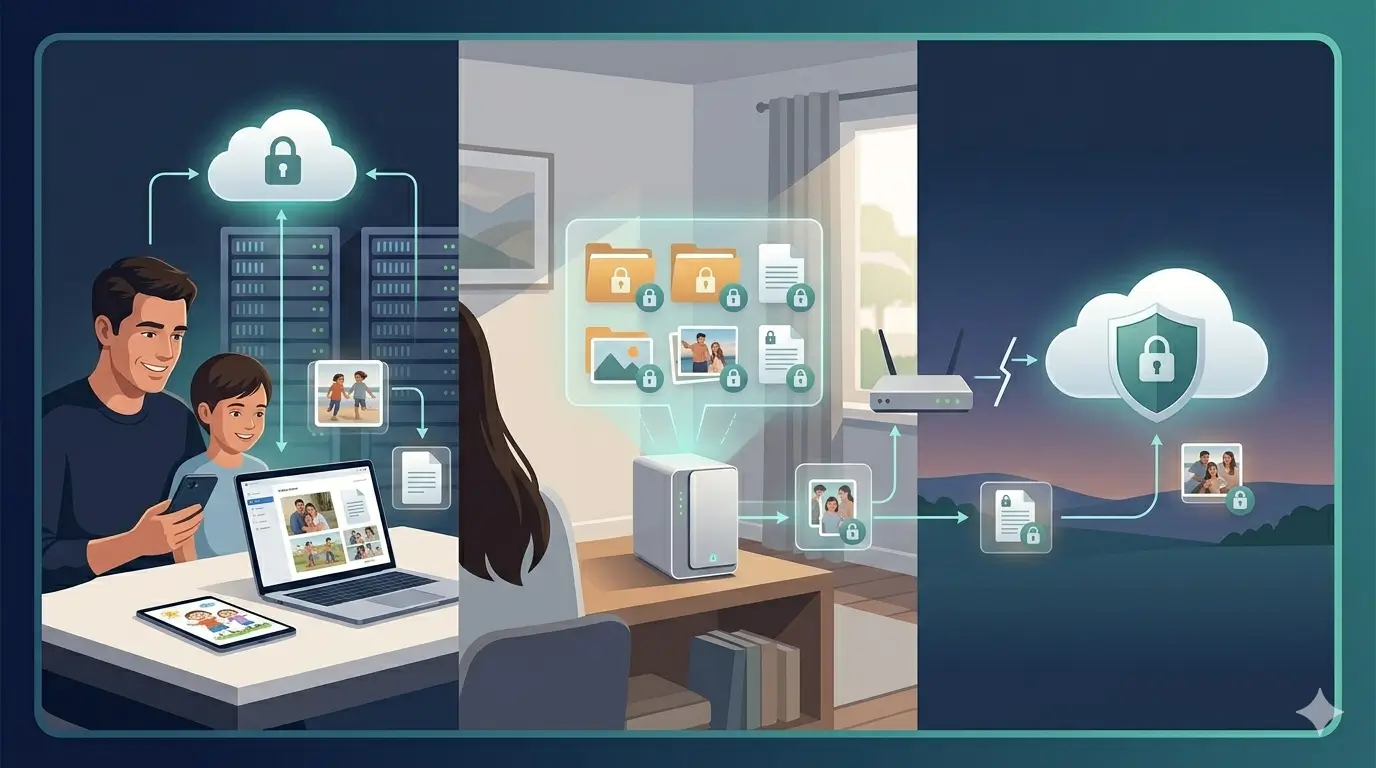 Family photo backup illustration showing local storage, NAS, and encrypted cloud copies